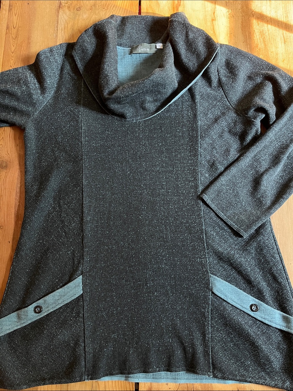 WILLOW L Heathered Blue Cowl Neck Tunic Top 3/4 Sleeve Lagenlook
